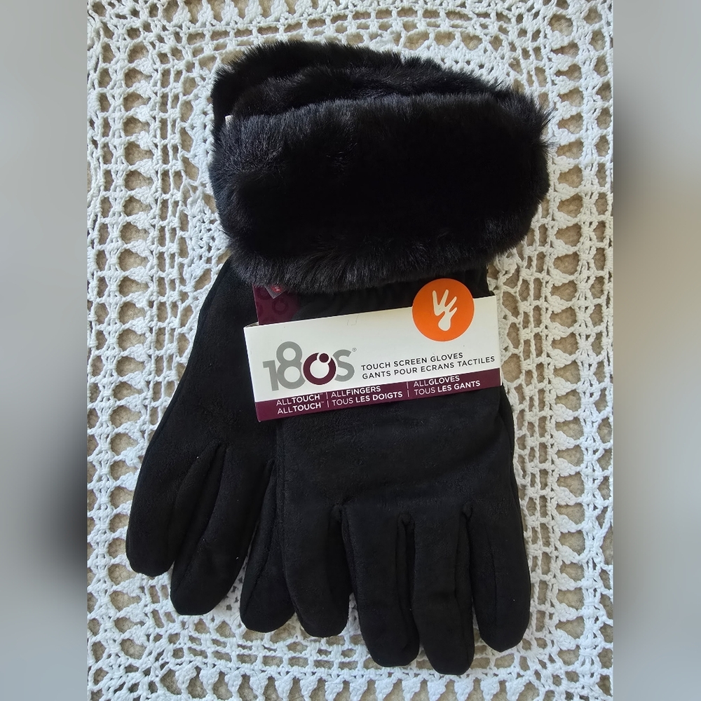 180S Black Faux Fur Trim Touch Screen Gloves